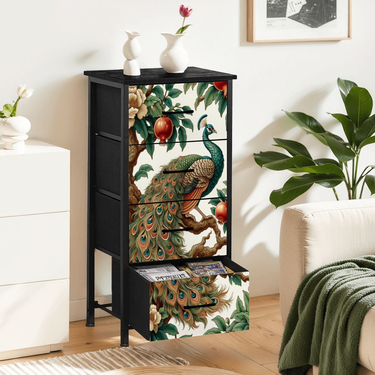 Chinoiserie Floral Peacock, Pomegranate Elegant 4-Drawer Dresser - Mid Century Modern Gal