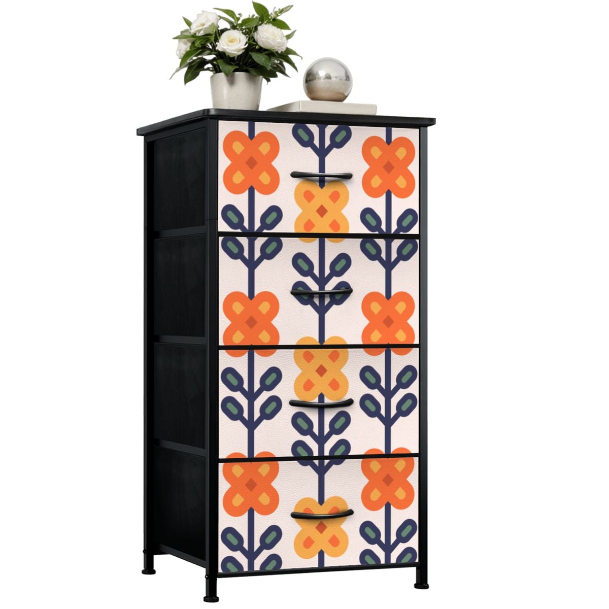 Scandinavian Mid Mod Floral Orange Yellow Blue 4-Drawer Dresser - Mid Century Modern Gal