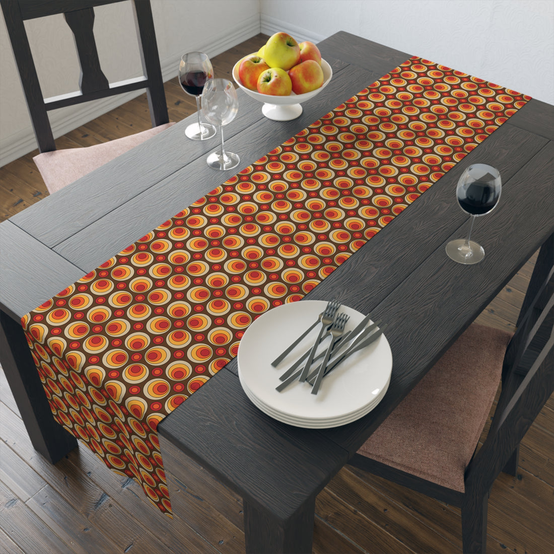 Retro Orbs, Orange Brown Yellow Groovy Geometric Mid Mod Table Runner - Mid Century Modern Gal