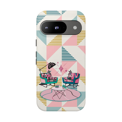 Atomic Cats Reading, Book Talk, Book Lover, Retro Chic Phone Case with Retro Vibe - Cozy Living Room Design