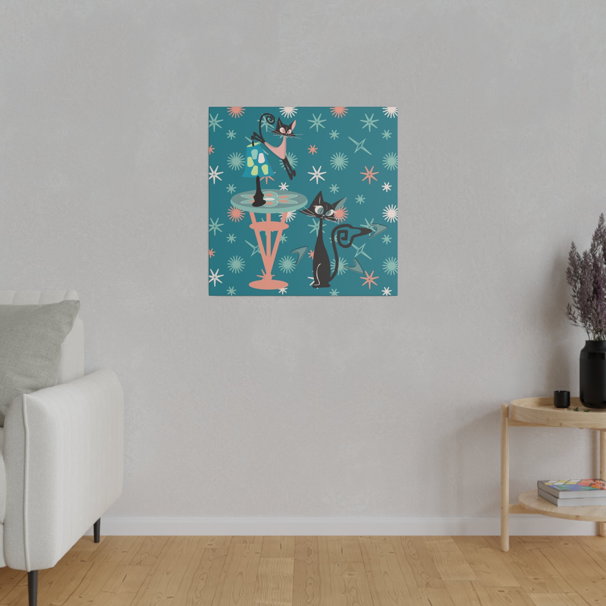 Crazy Atomic Cats, Cat Mom, Kitschy Mid Century Modern Teal Blue, Coral Pink, Mid Century Modern Wall Art