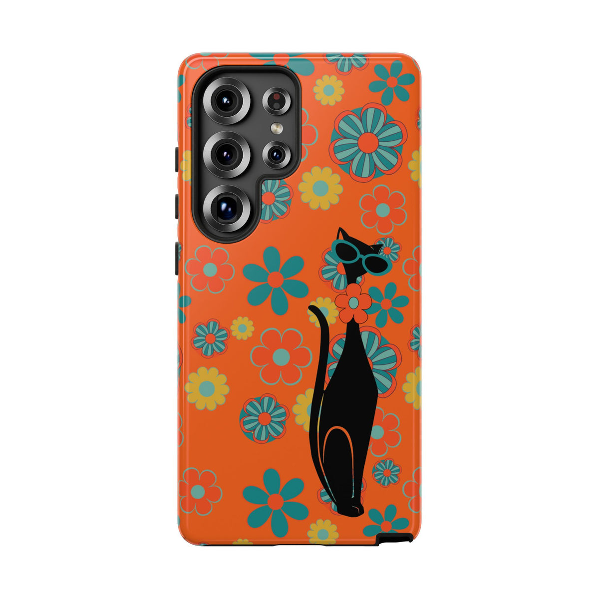 Flower Power, Retro Groovy Atomic Cat, Hipster Style Orange Samsung Galaxy and Google Pixel Tough Cases