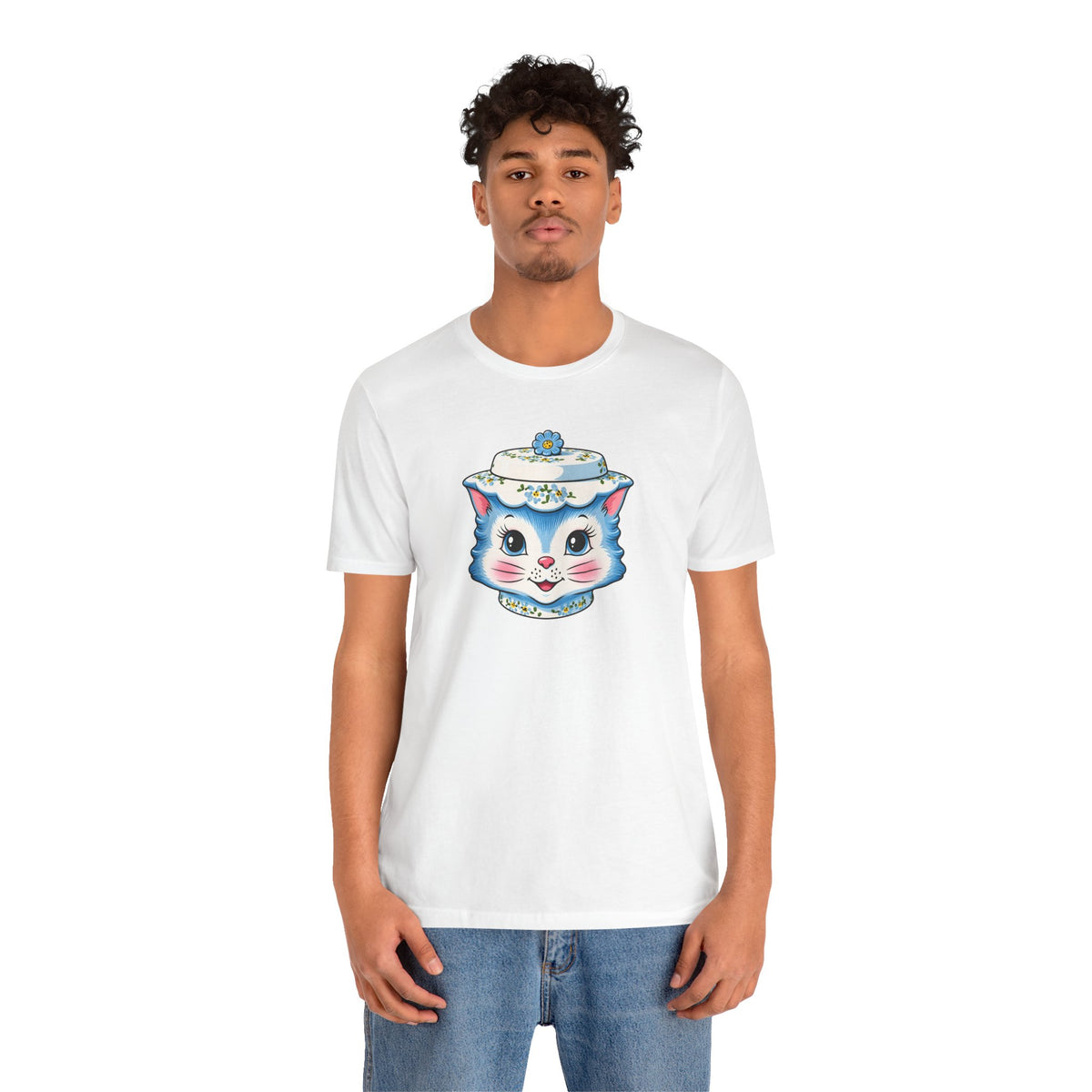 Mid Century Modern Kitschy Anthropomorphic Blue Cat with Floral Hat Unisex T-Shirt
