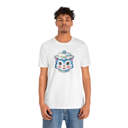 Mid Century Modern Kitschy Anthropomorphic Blue Cat with Floral Hat Unisex T-Shirt