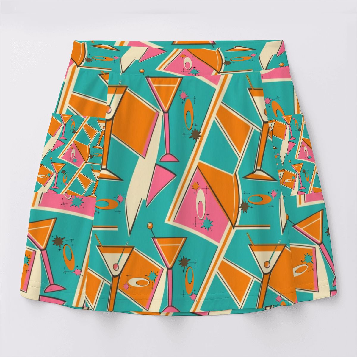 Retro Kitsch Mid Mod Teal Orange Pink Women's Tennis Skort with Pockets - Mid Century Modern Gal