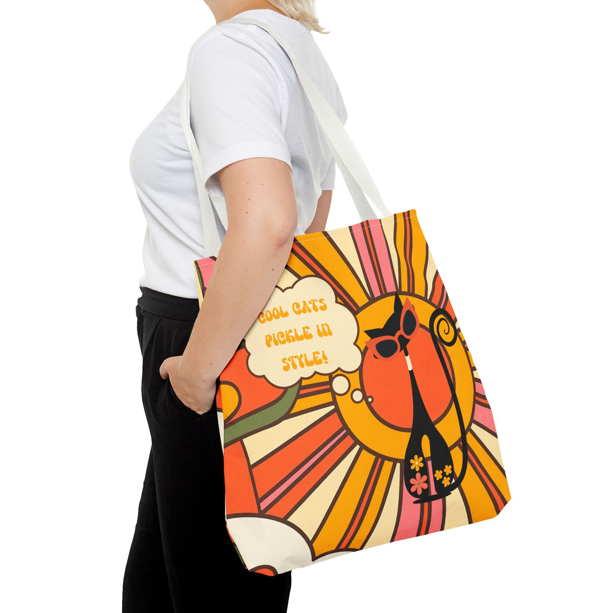 Pickleball Player Lover Tote Bag, Retro Groovy Mod Cat - Mid Century Modern Gal