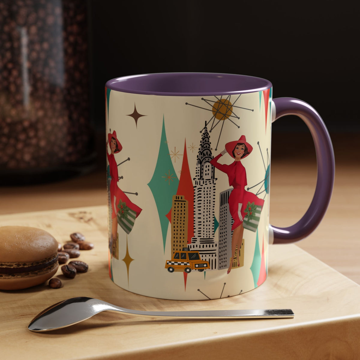 Vintage-inspired coffee mug featuring a kitschy Christmas design with a cityscape, starbursts, and a stylish woman.