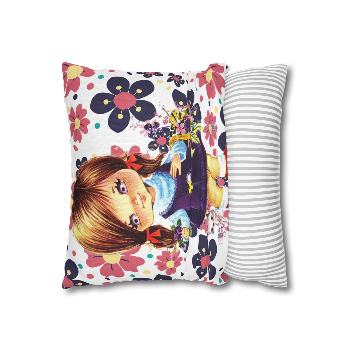Vintage 60's Big Eyed Cute Girl, Violets, Flower Power, Groovy Hippie Vibes, Pillow COVER Only - Mid Century Modern Gal
