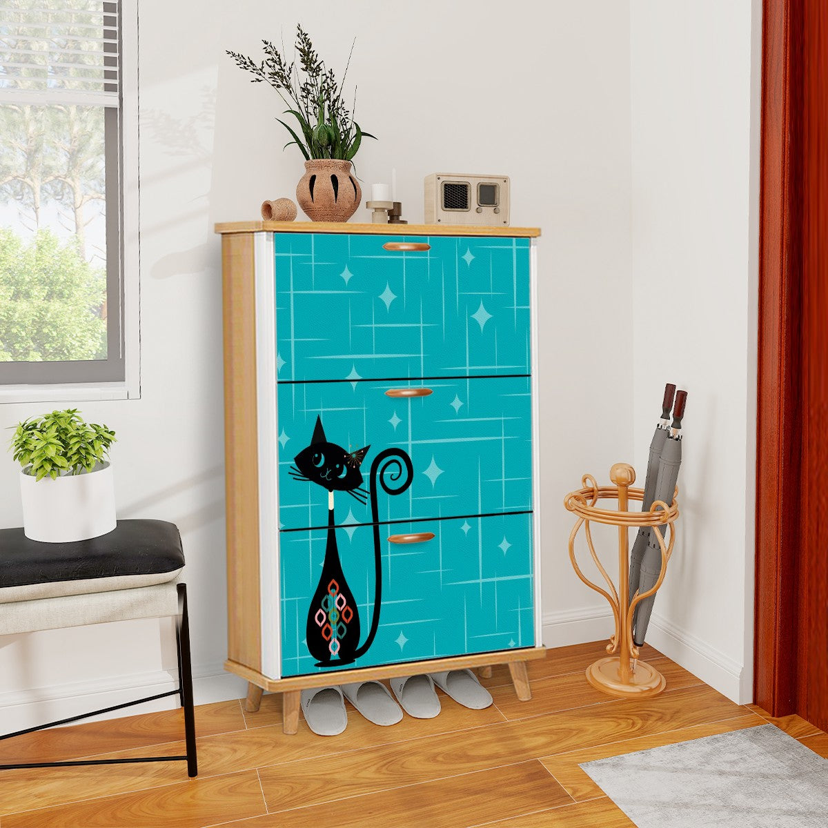 Atomic Kitschy Mod Cat, Teal, Mid Century Modern Shoe Cabinet