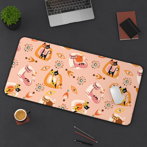 Atomic Cat Desk Mat, Mid Century Modern Office Kitschy Coral Cute Kitties Office Decor