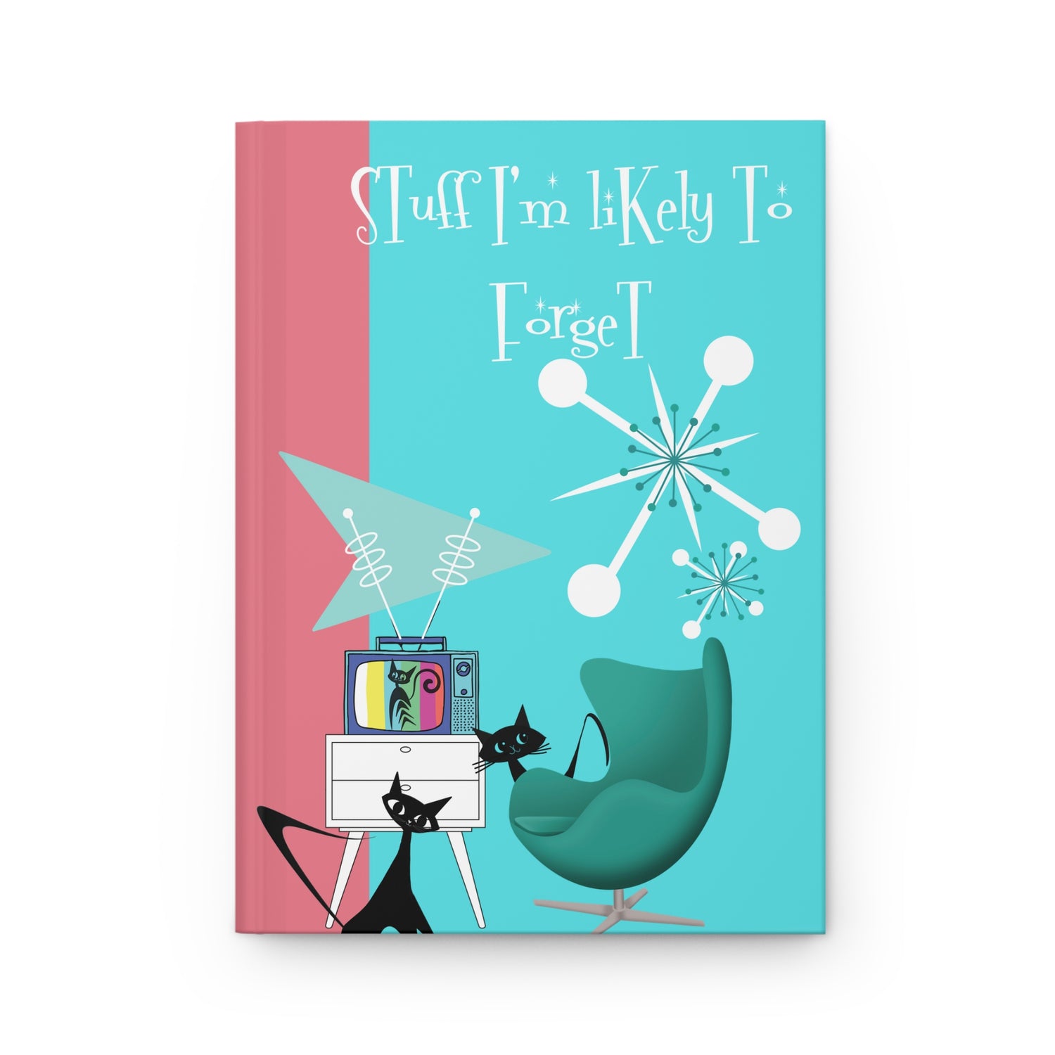 Atomic Cats Hardcover Journal Notebook, Pink, Aqua Blue, Daily Planner Book - Mid Century Modern Gal