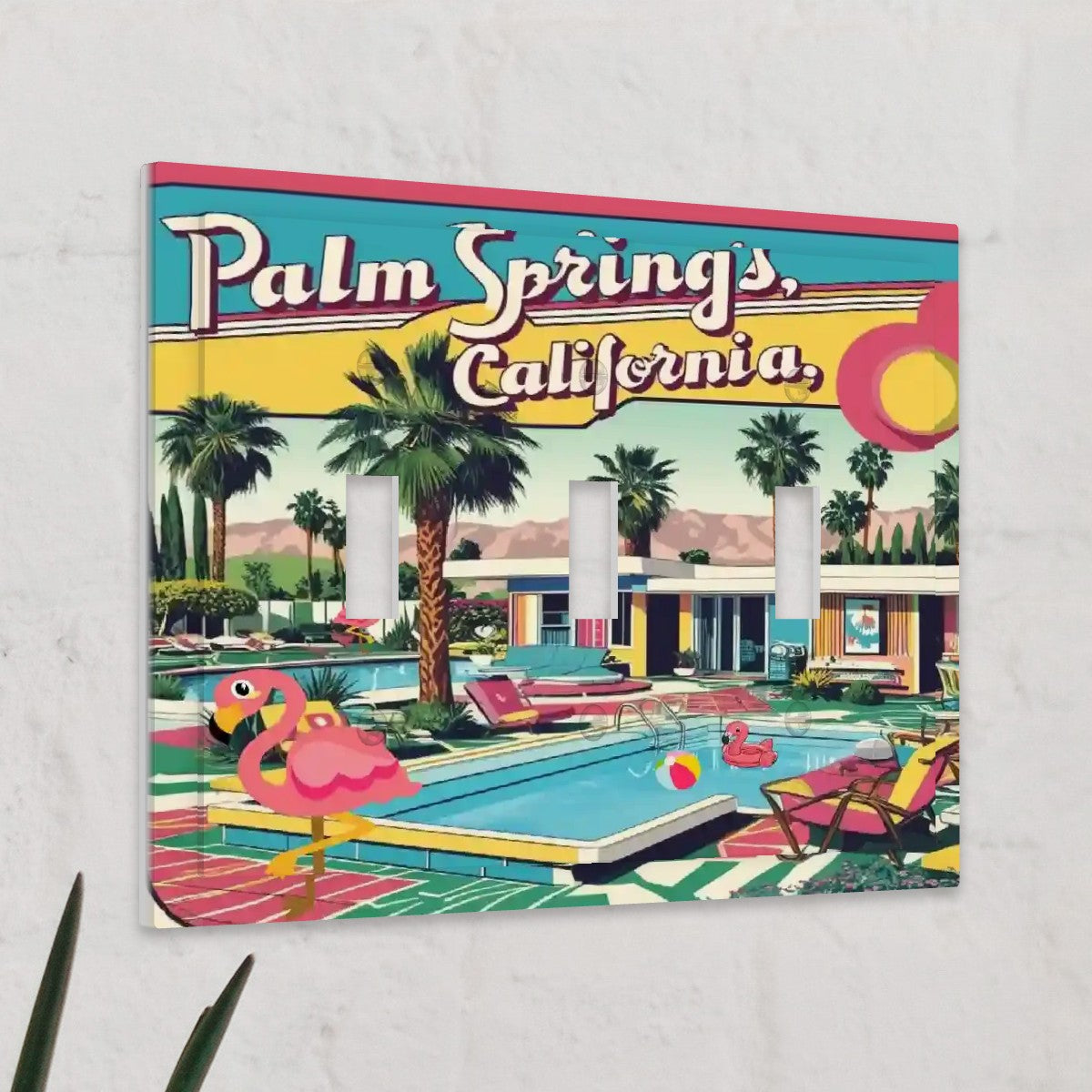 Palm Spring California Kitschy Mod Flamingo Modern Switch Cover 3-Gang 3 Toggle - Mid Century Modern Gal