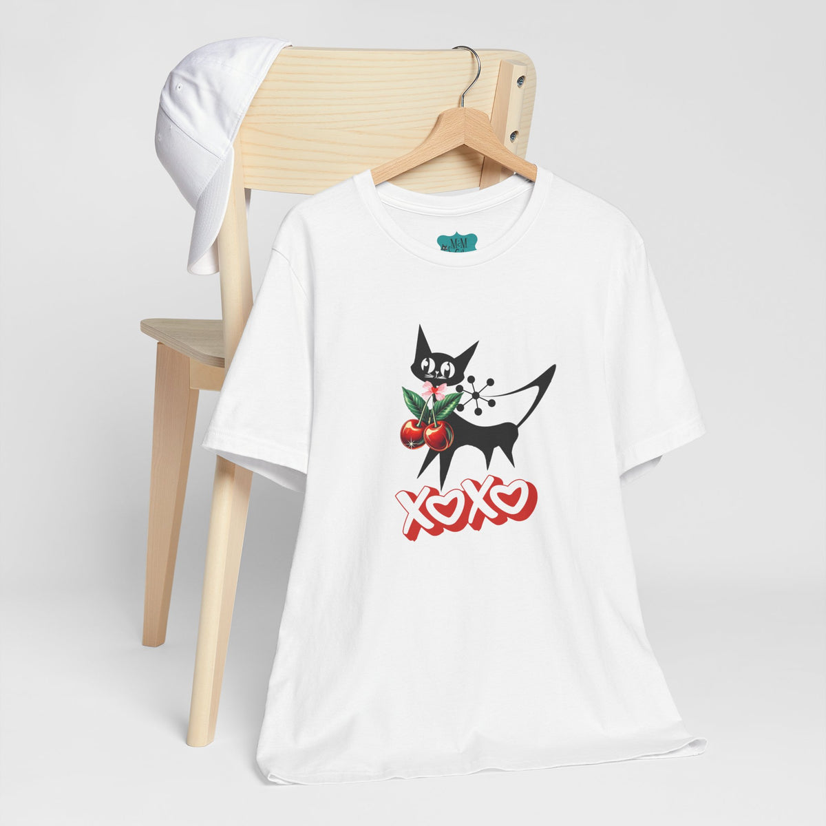 Atomic Cat Valentine Retro Cherries, Playful Cat Graphic Tee, XOXO Love Shirt, Gift for Cat Lovers, Fun Atomic Cherry 50s  Fashion - Mid Century Modern Gal