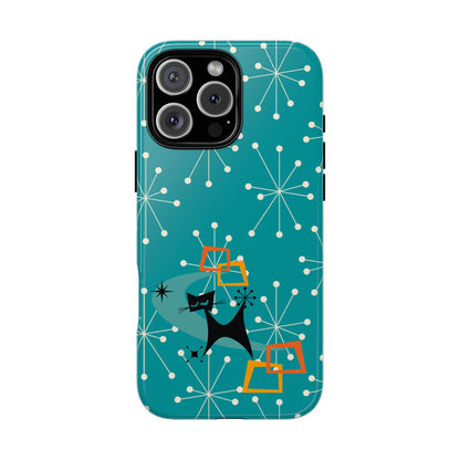 Atomic Space Cat, Starburst Blue, Retro Groovy Smart Phone Tough Phone Cases