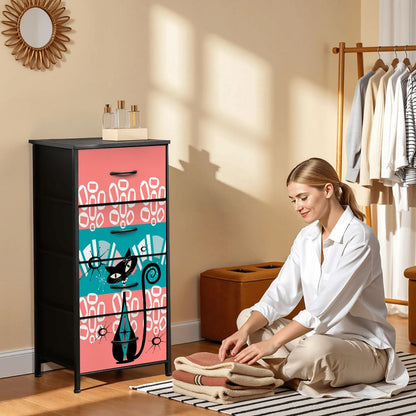 Mid Century Modern Coral, Teal Kitschy Mod Cat Design 4-Drawer Dresser - Mid Century Modern Gal