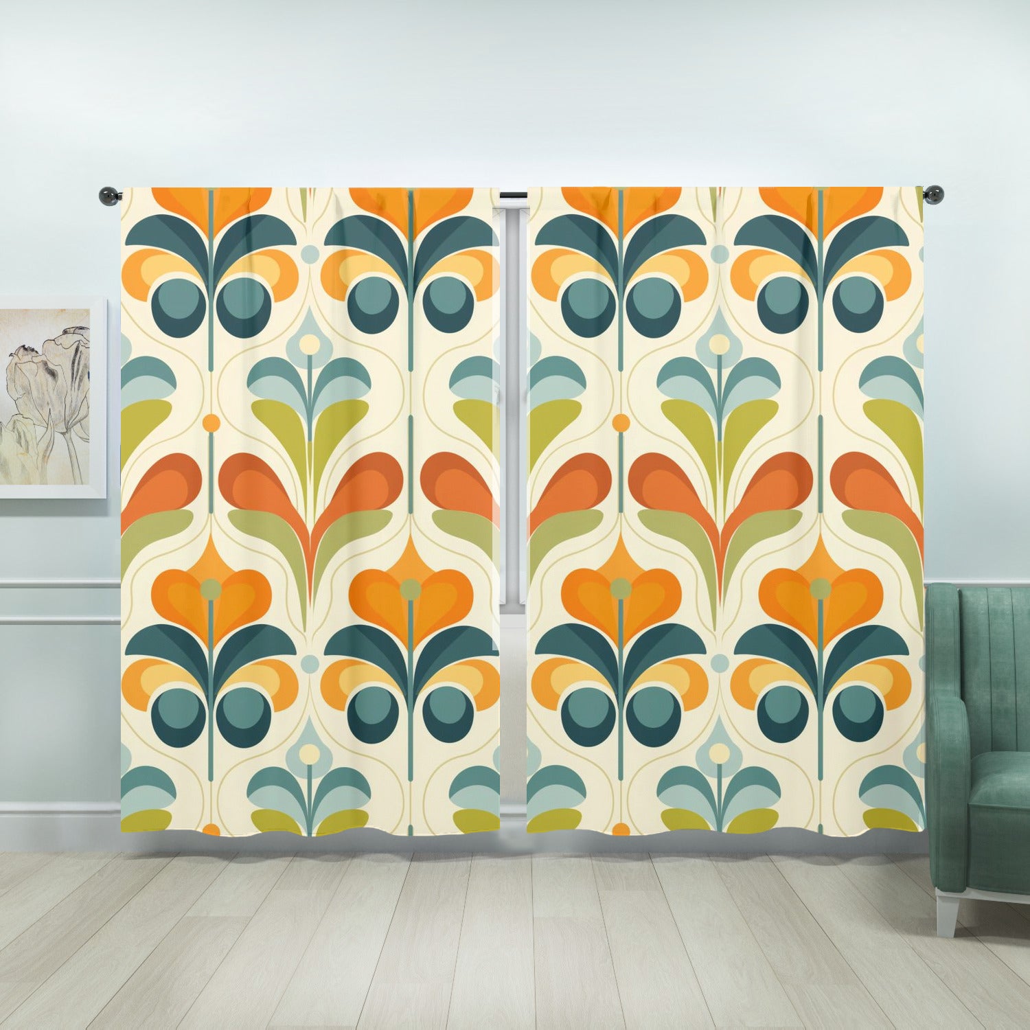 Scandinavian Flower Design, Orange, Green Blue Mid Century Modern Window Curtains (two panels) - Mid Century Modern Gal