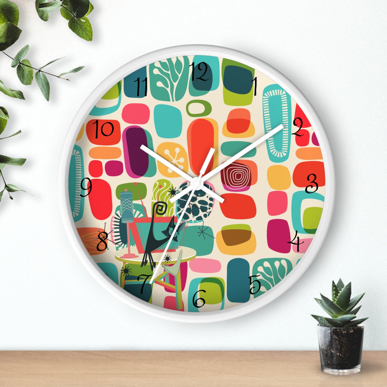 Mid Mod Amoeba Design With Kitschy Atomic Cat, Quirky Fun Retro Wall Clock