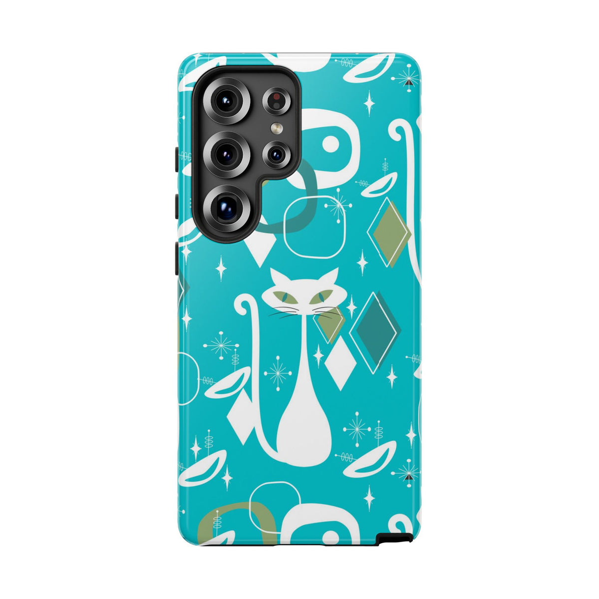 Atomic Cat Space Designs, Mid Century Modern, Aqua, White Kitschy Cat Tough Phone Case
