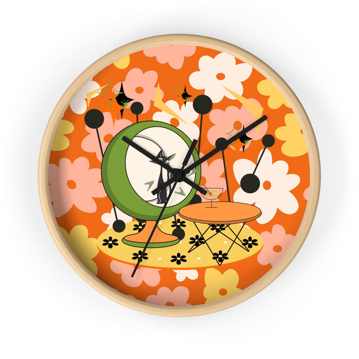 Atomic Cat Mid Century Modern Groovy Retro Floral Cat Wall Clock - Vintage Home Decor - Mid Century Modern Gal