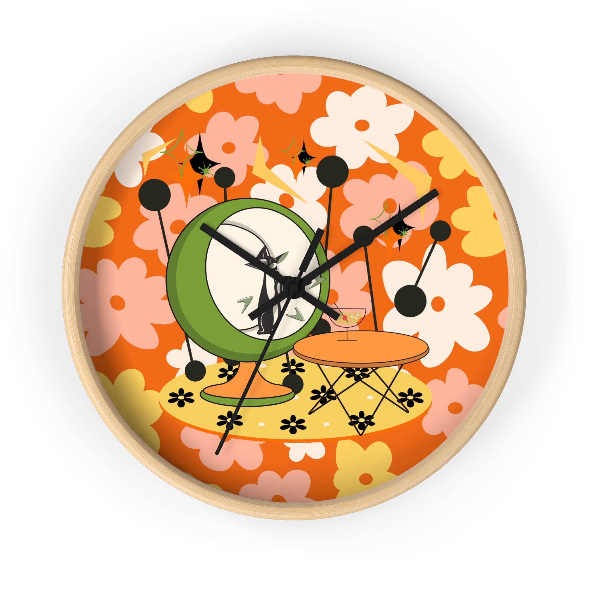 Atomic Cat Mid Century Modern Groovy Retro Floral Cat Wall Clock - Vintage Home Decor - Mid Century Modern Gal