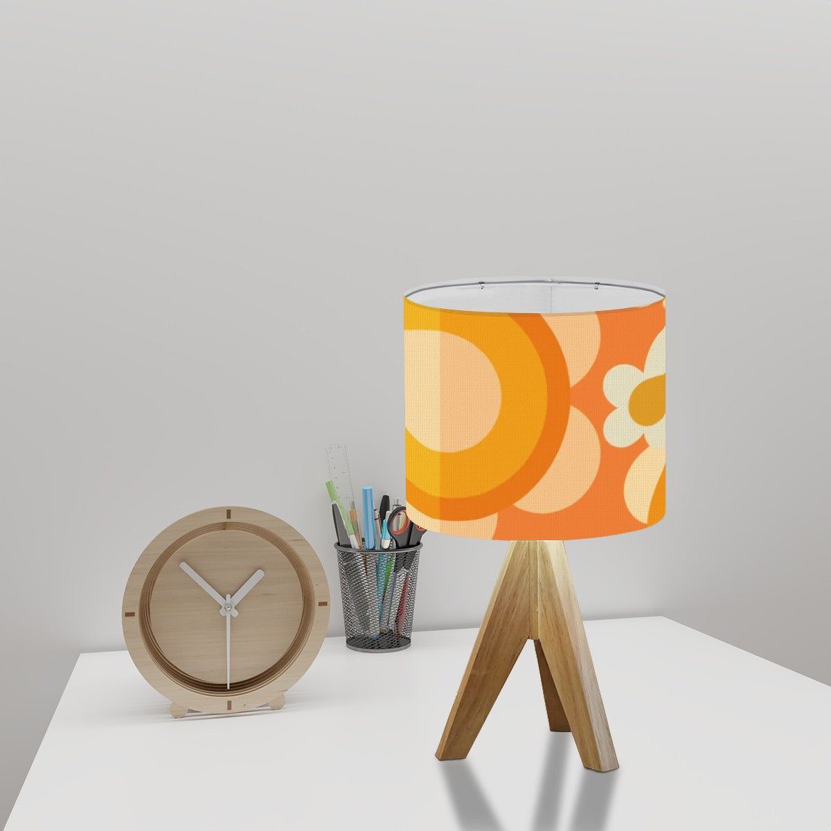 Flower Power Retro Groovy Orange, Yellow, Cream Table Tripod Lamp - Mid Century Modern Gal