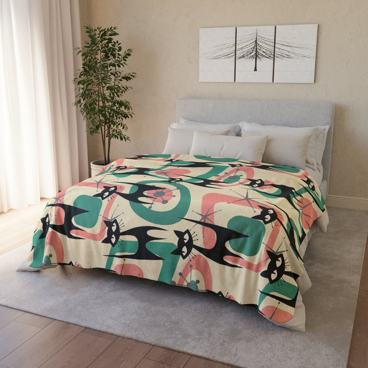 Atomic Home Living, Black Kitschy Cats, Cat Mom Mid Century Modern Designed Sherpa Fleece Blanket - Mid Century Modern Gal