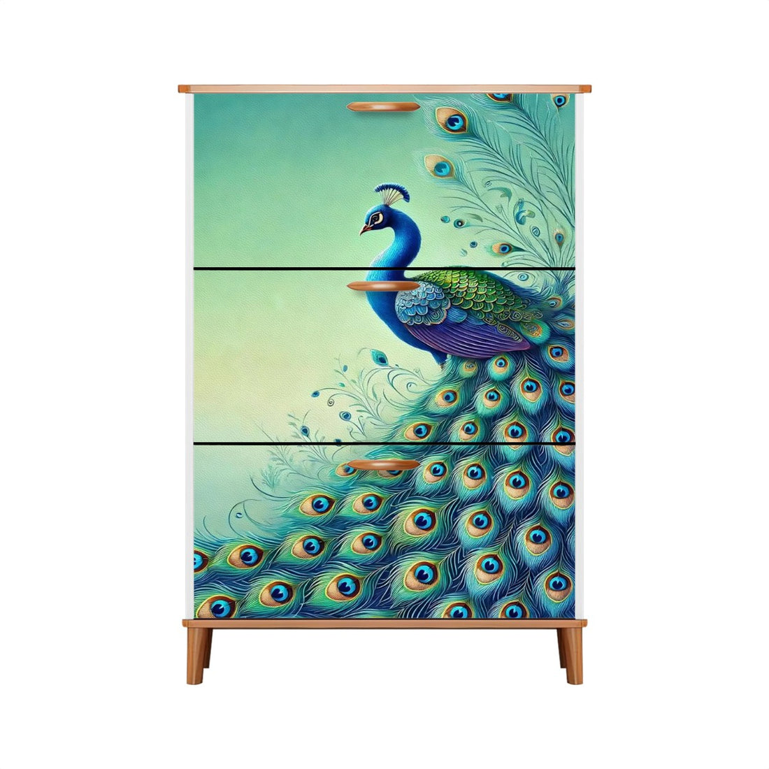 Peacock Watercolor Chinoserie Designed Blue Green, Modern Shoe Cabinet - Mid Century Modern Gal