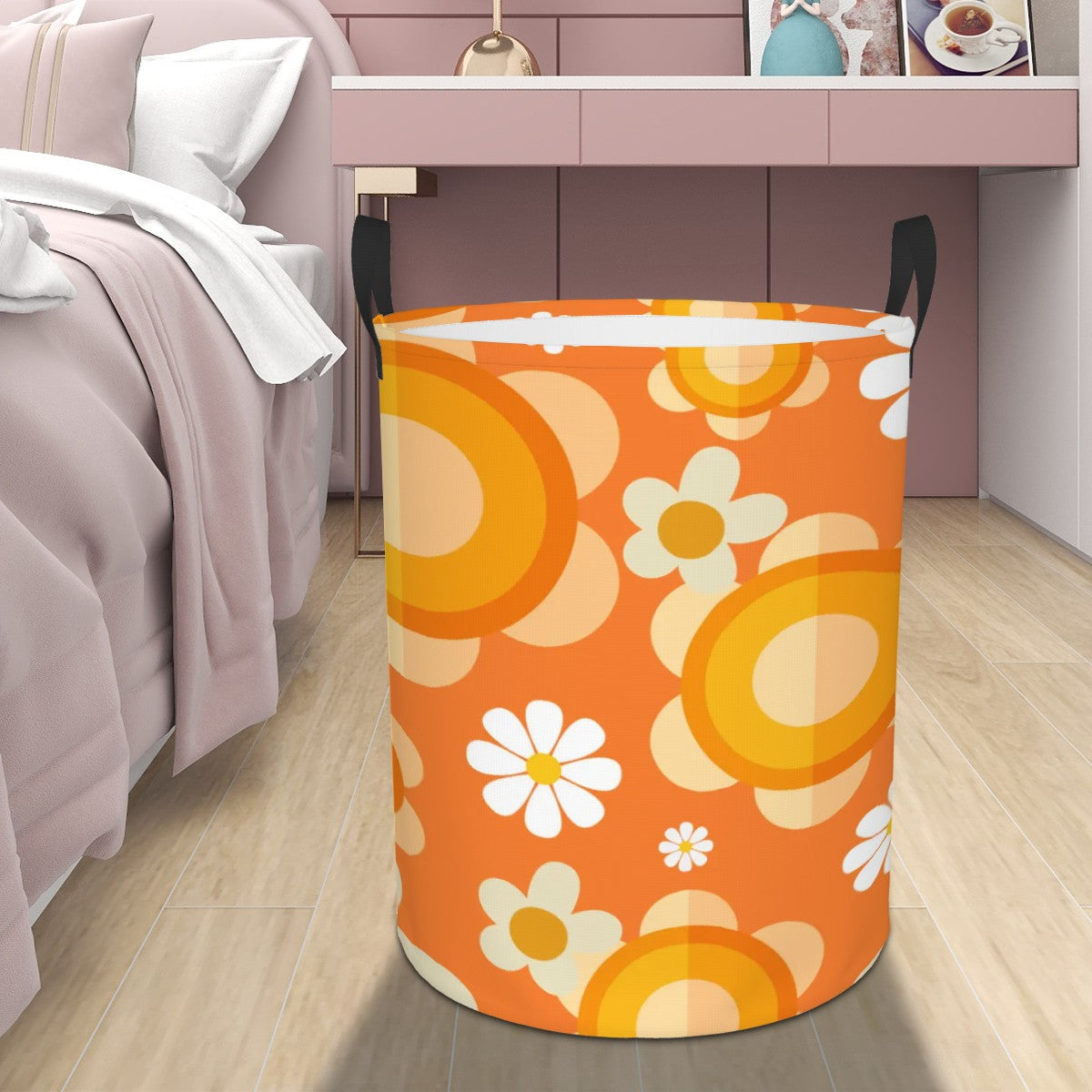 Retro Flower Power Orange Mod Daisy Circular Laundry Basket