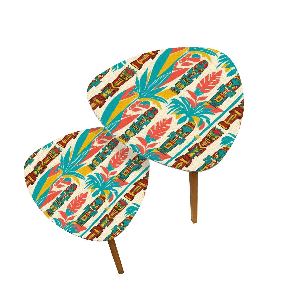 Mid Century Modern Tiki Tables, Coral, Aqua Tiki Idols Nesting Side Tables - Mid Century Modern Gal