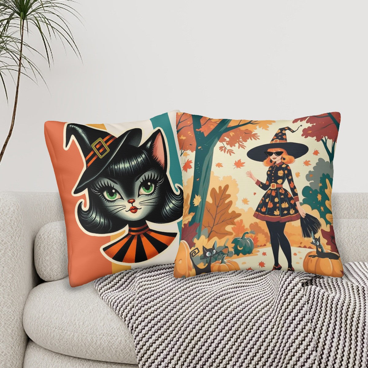Mid Century Modern Halloween Atomic Cat Kitschy Witch Fall, Halloween Seasonal Pillow Covers - Mid Century Modern Gal