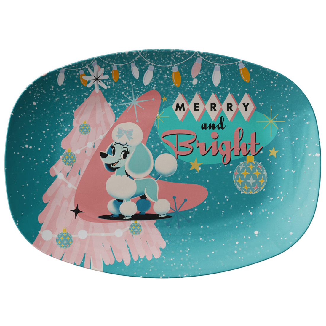 50s Holiday Kitsch Party Platter, Aqua Blue, Pink 50s Mod Dog Poodle Merry And Bright Christmas Platter - Mid Century Modern Gal