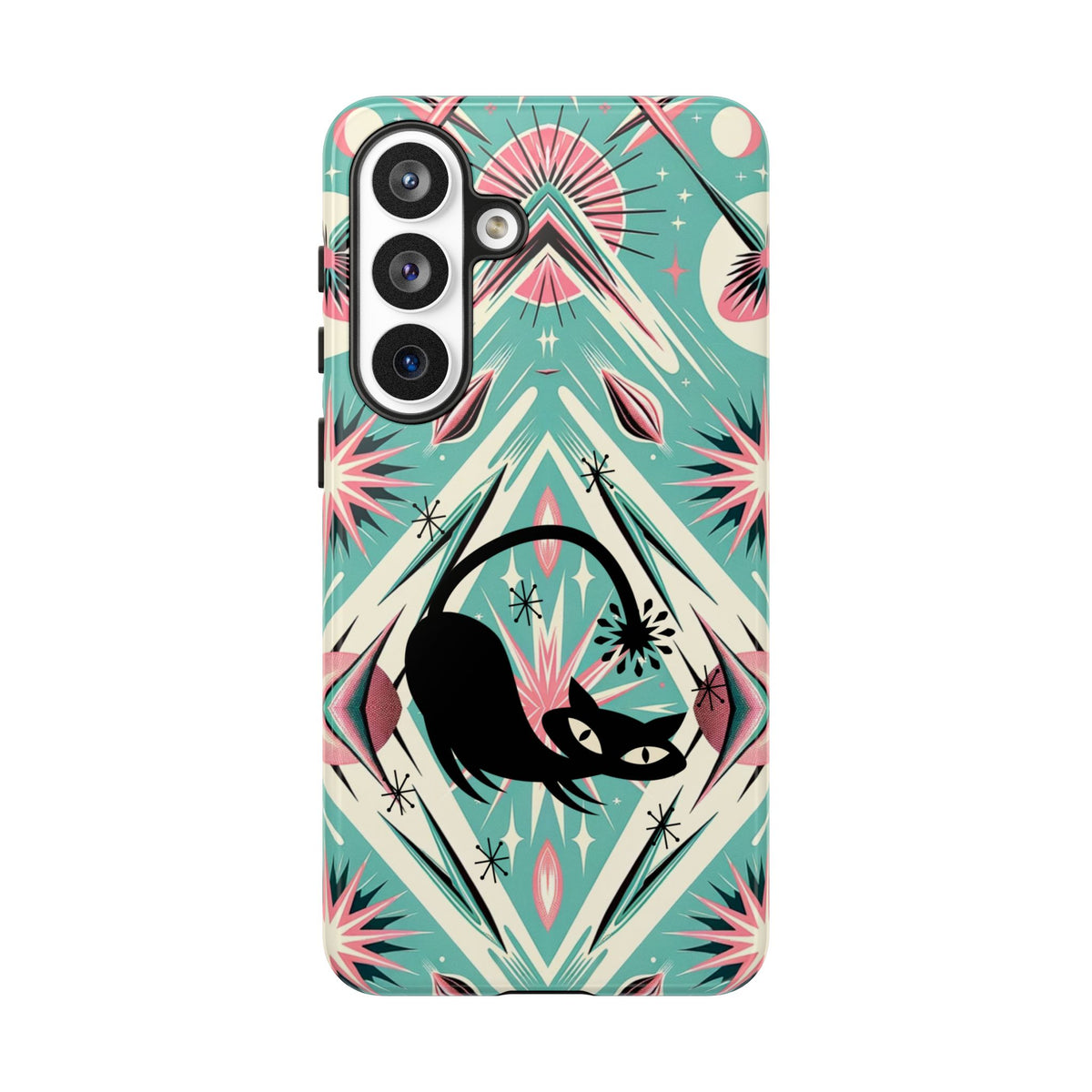 Atomic Cat, Mid Century Modern Aqua Blue, Pink, Starbursts Tough Phone Case