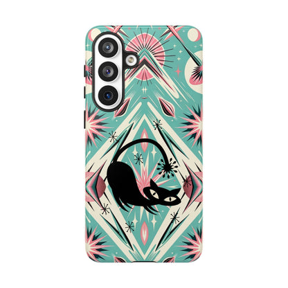 Atomic Cat, Mid Century Modern Aqua Blue, Pink, Starbursts Tough Phone Case