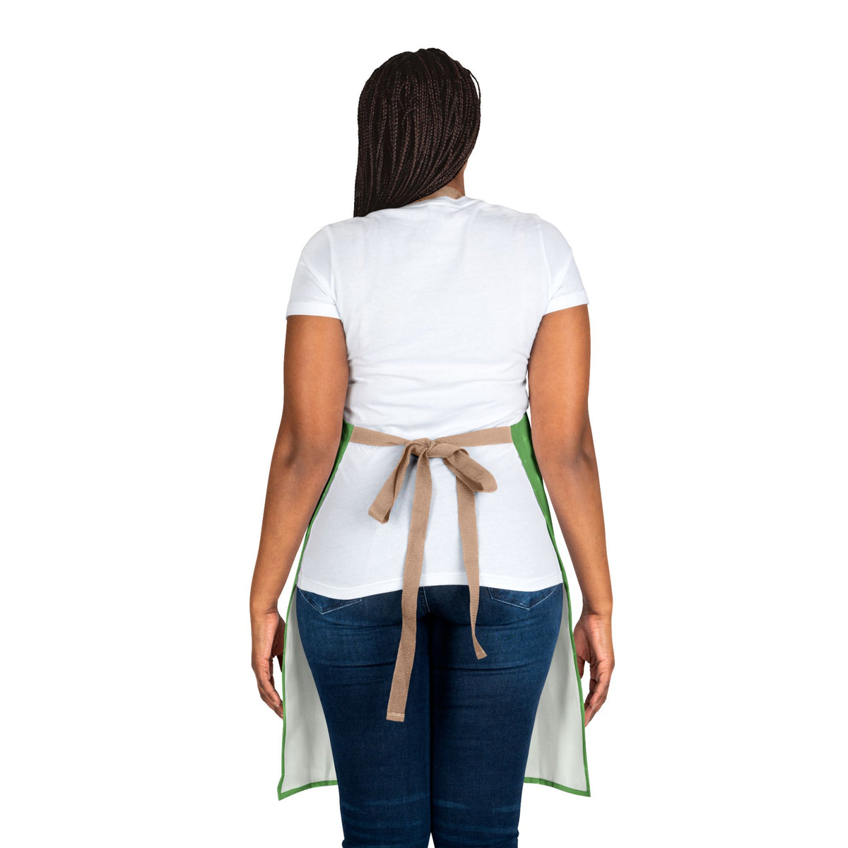 Mid Century Modern Gal Decorating Christmas Tree, Green Atomic Starbursts Apron