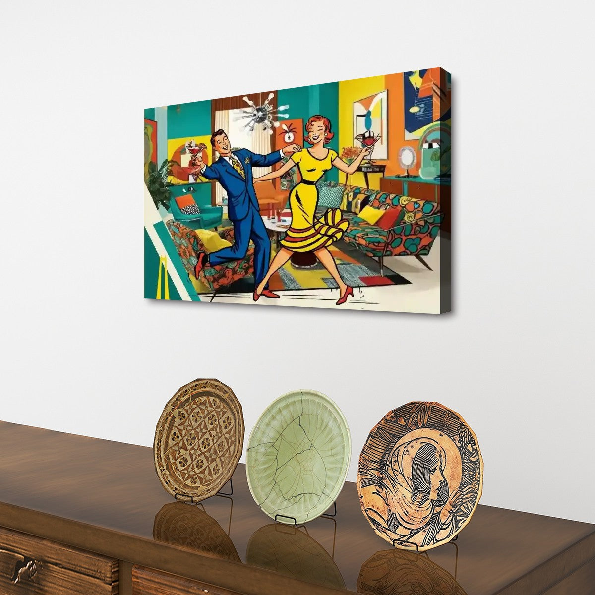 Mid Century Modern Bar Art, Kitschy Quirky Mod Couple Cocktail Hour Dance Party - Mid Century Modern Gal