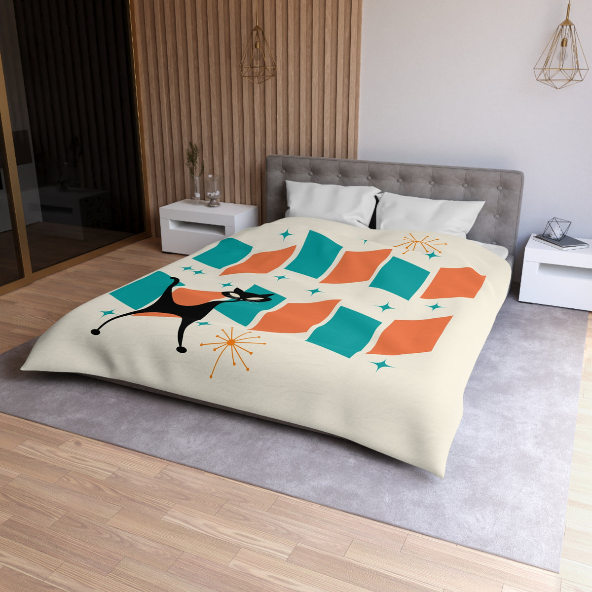 Mid Century Modern Orange, Teal, Retro Mod Duvet Cover With Atomic Cat Design - Mid Century Modern Gal