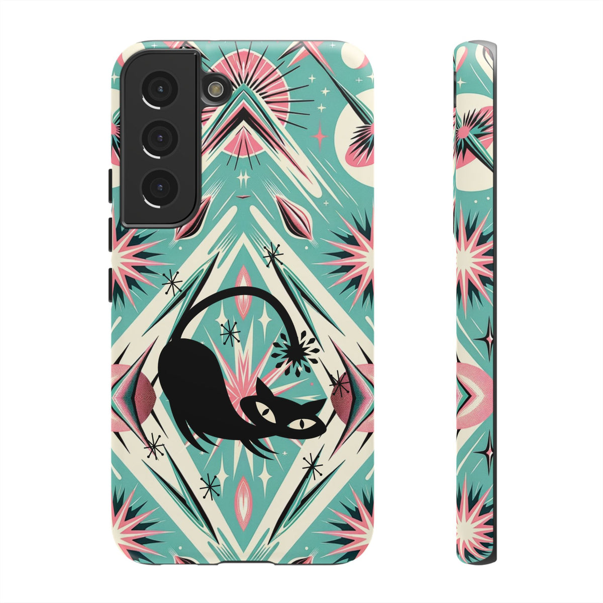 Atomic Cat, Mid Century Modern Aqua Blue, Pink, Starbursts Tough Phone Case