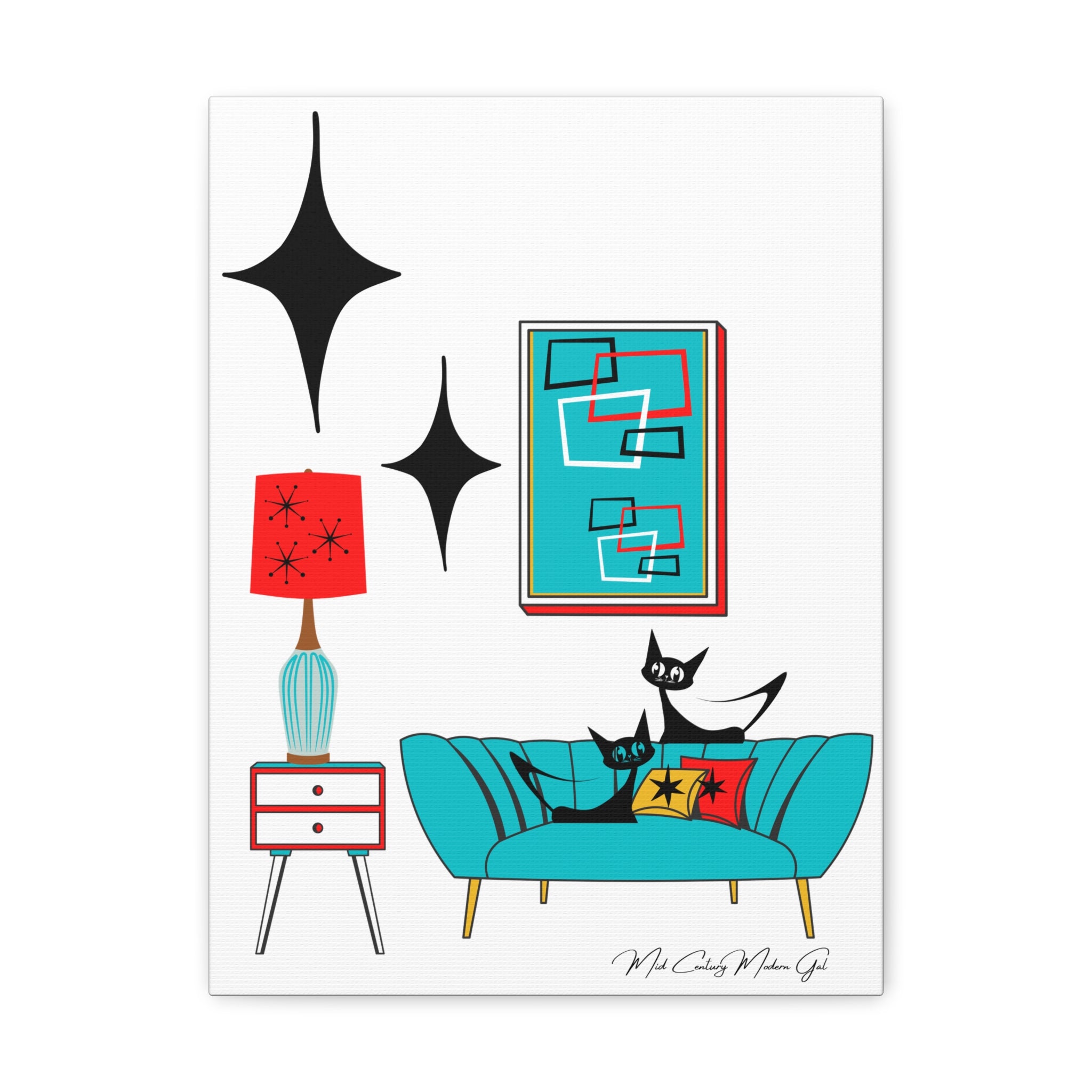 Mid Century Modern Wall Art, Atomic Cat Living Room Retro. Teal Blue, Red, Black Canvas Art