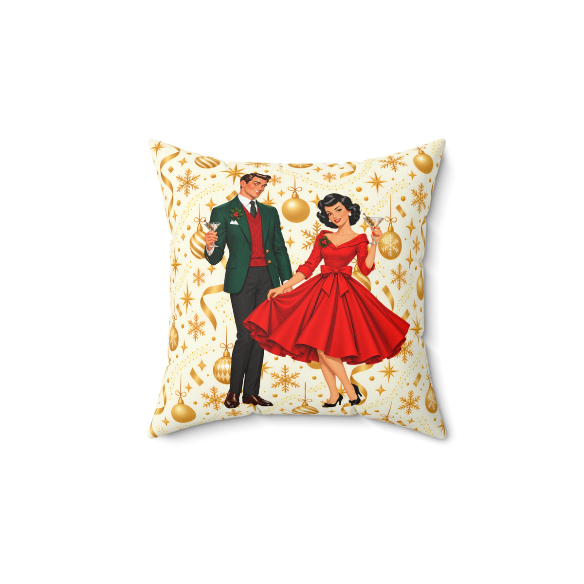 Mid Century Modern Christmas Party Martini Couple Pillow Insert and Cover