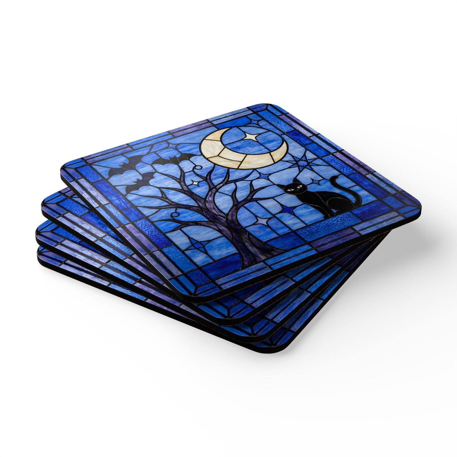 Halloween Stained Glass Style Night Sky Black Cat Corkwood Coaster Set