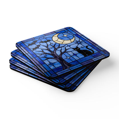 Halloween Stained Glass Style Night Sky Black Cat Corkwood Coaster Set