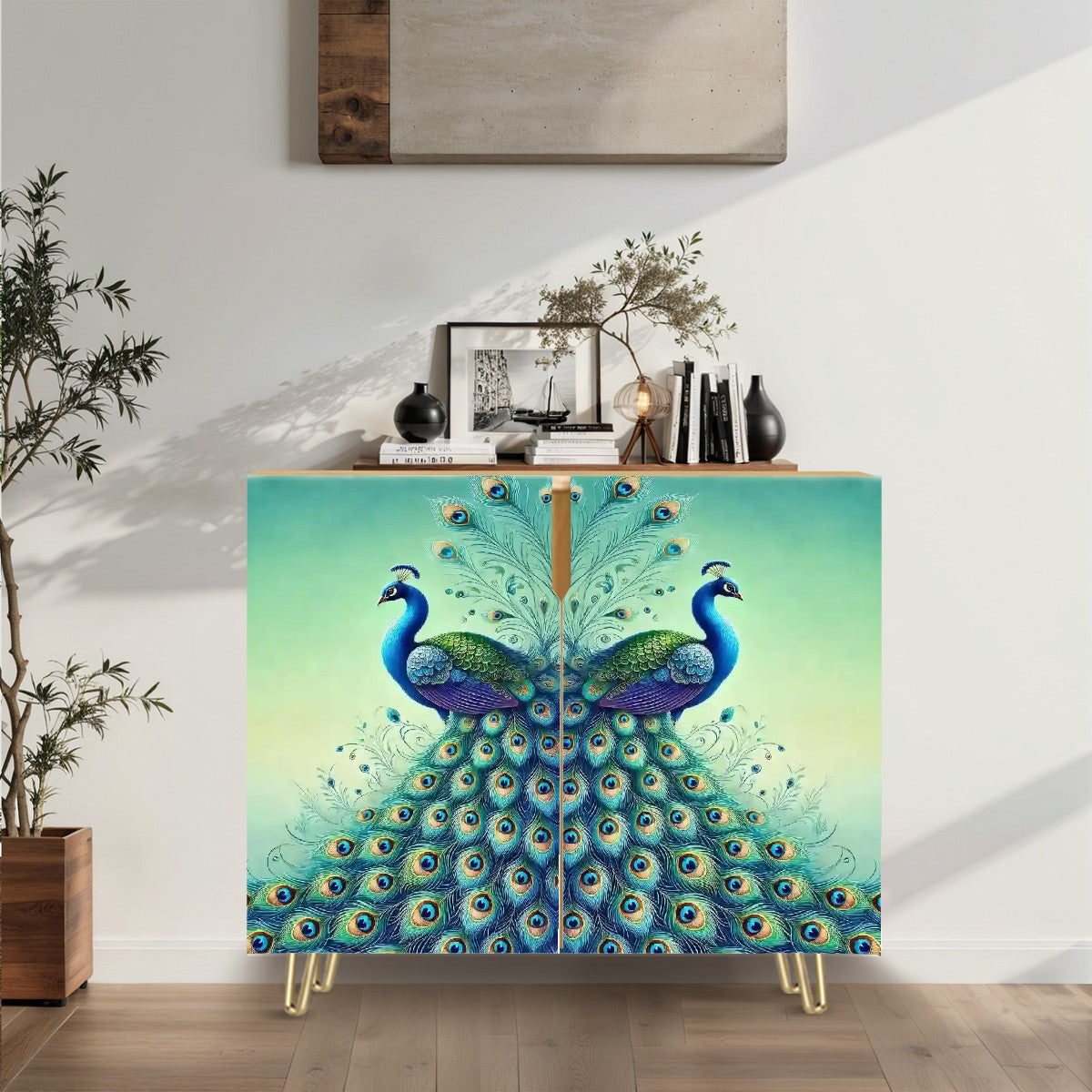 Floral Peacock Watercolor Designed Wooden Storage Cabinet - Mid Century Modern Gal