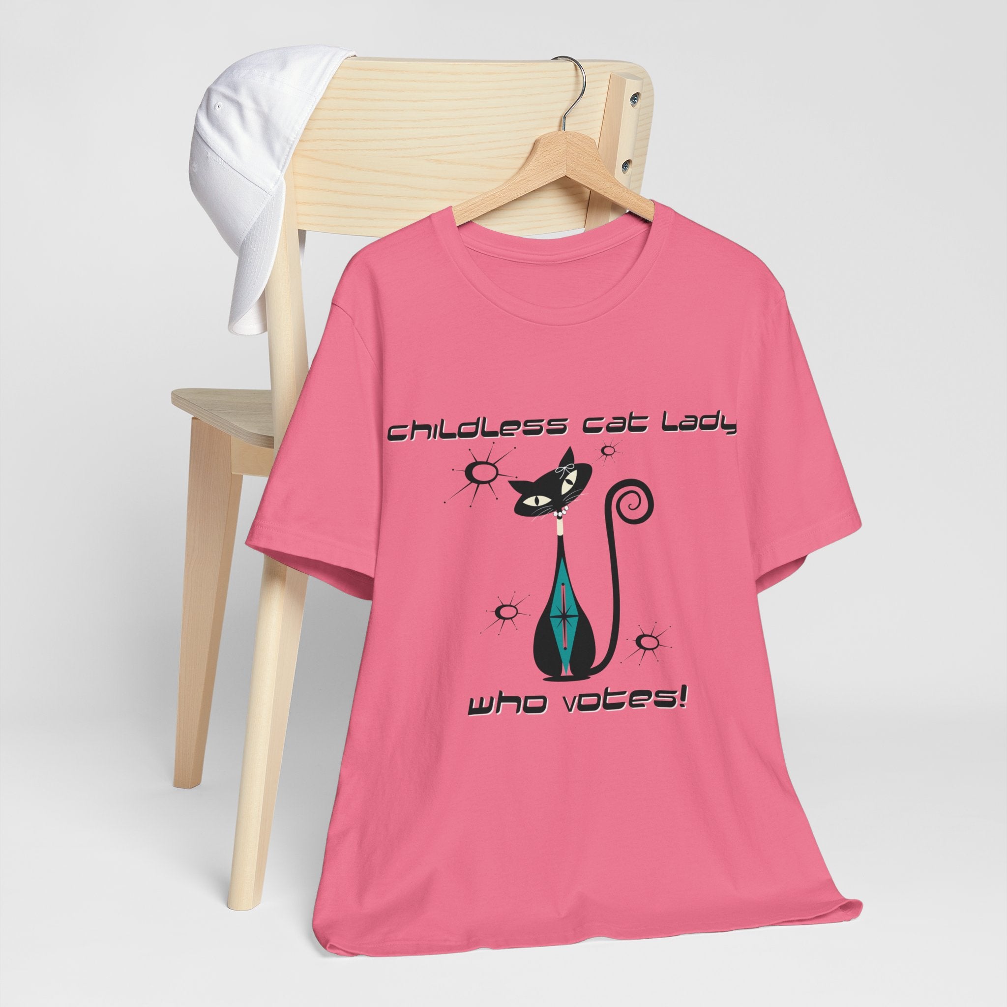 Childless Cat Lady Who Votes, Atomic Cat Tee, Retro Starburst Kitschy Cute Women&