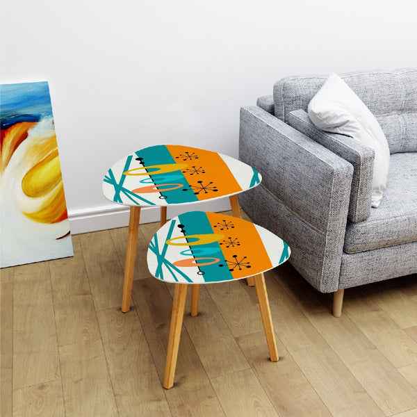 Atomic 50s Mid Century Modern Nesting Tables, Starburst, Geometric Orange Teal Design