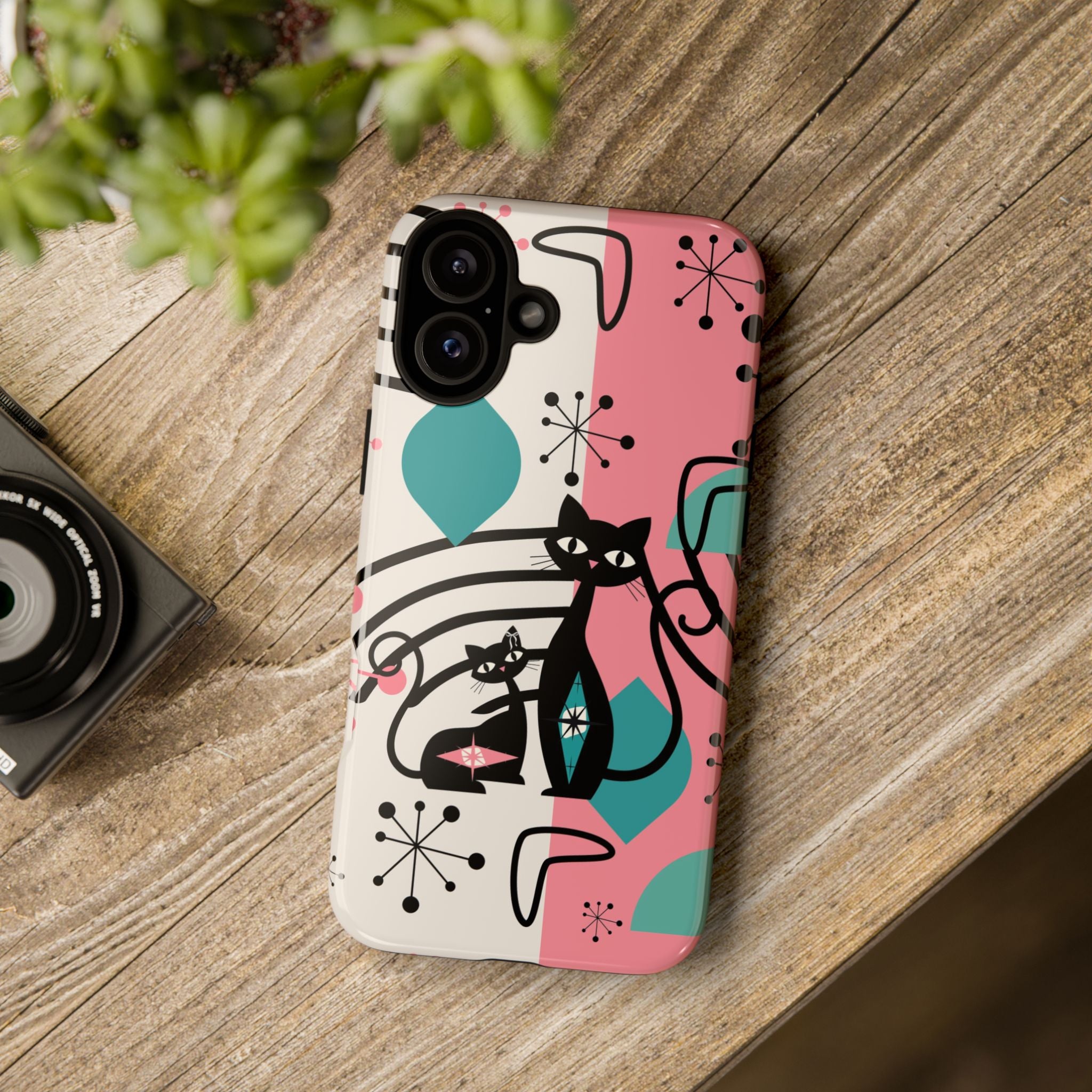 Mid Mod Atomic Cat Boomerang Starburst, Pink, Black Kitschy Stylish Cat Phone Case: Modern Design for Cat Lovers