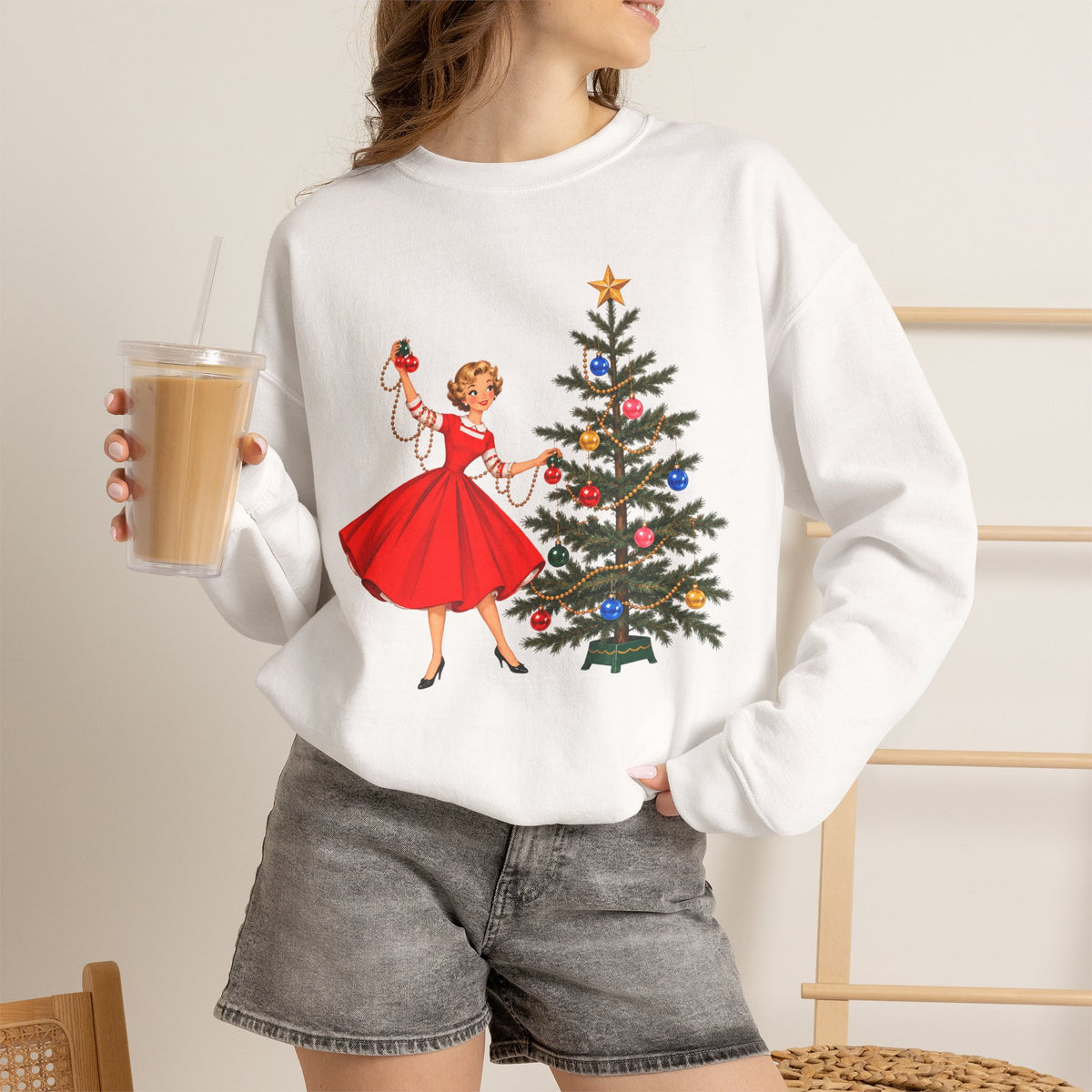 Mid Century Modern Gal Decorating Christmas Tree Unisex Heavy Blend™ Crewneck Sweatshirt - Mid Century Modern Gal