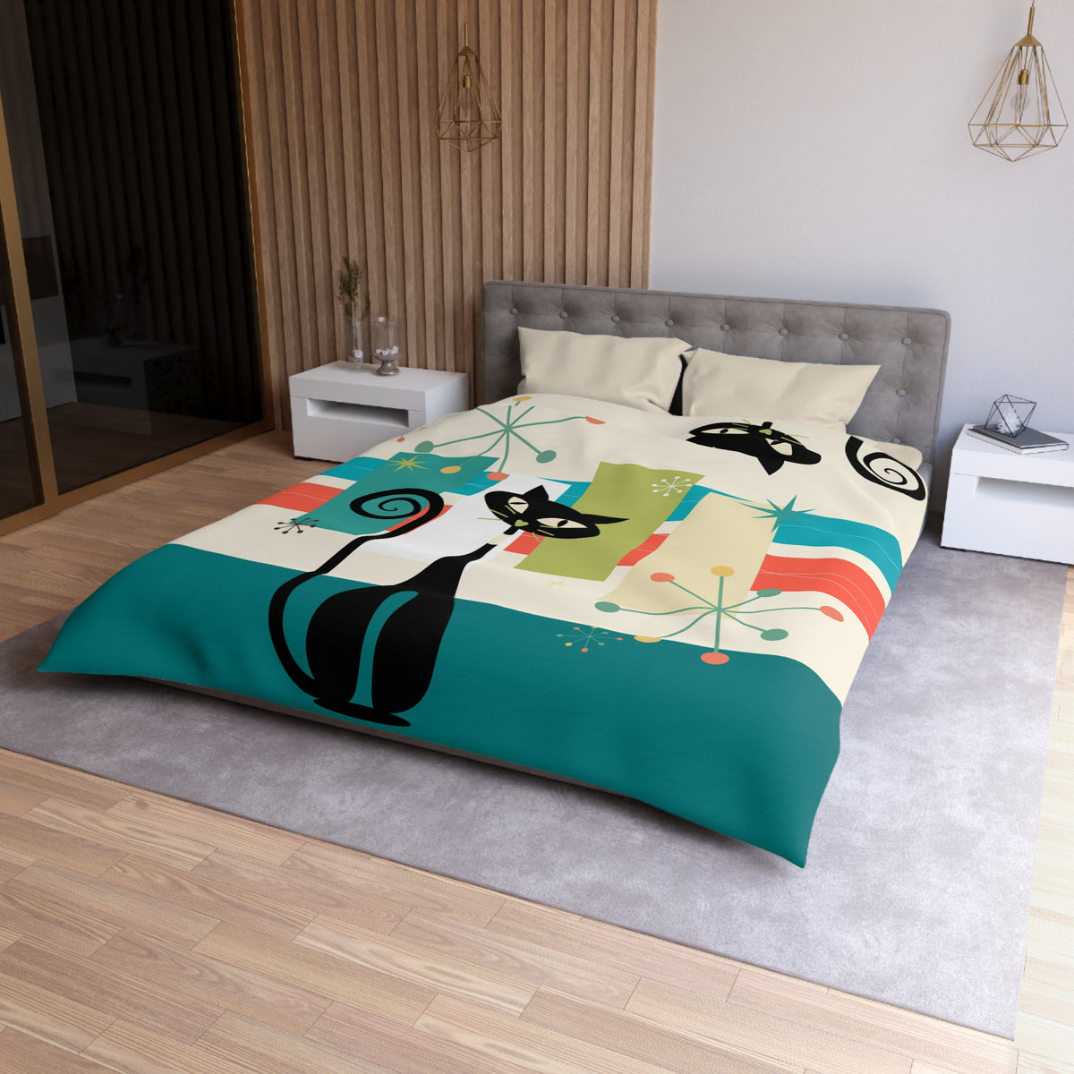Mid Cenury Modern Atomic Cat, MCM Bedding, Starbursts,Teal, Orange,  KItschy Quirky Fun Duver Cover - Mid Century Modern Gal