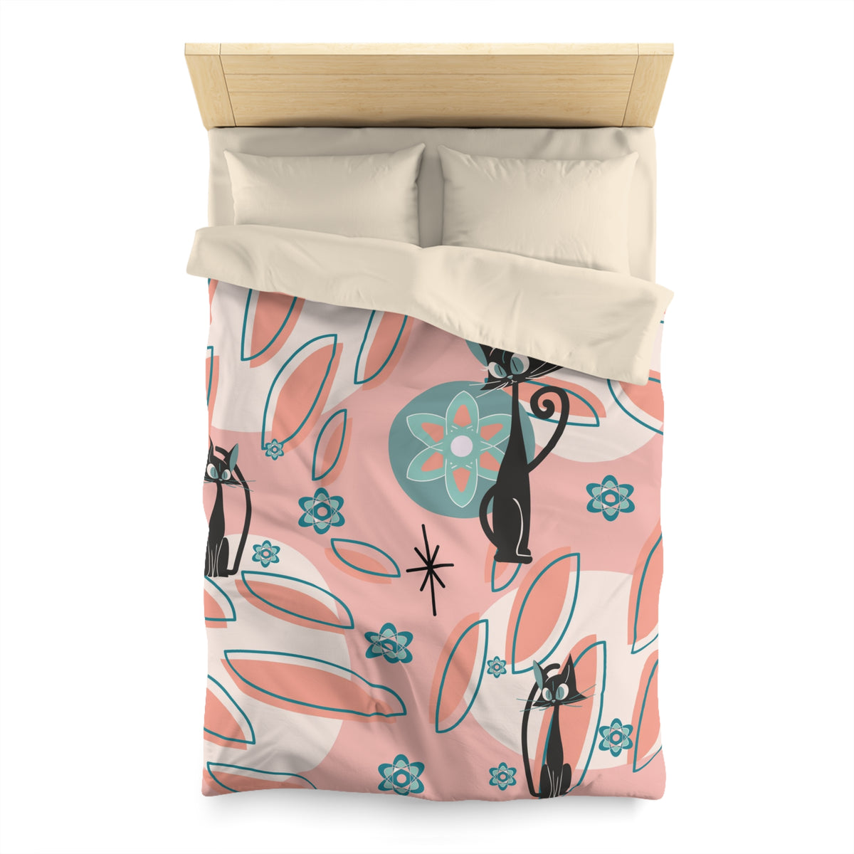 Atomic Cat Mid Century Modern Bedding, Coral Peach, Kitschy Abstract, Atomic Space, MCM Kitschy 50s Duvet Cover - Mid Century Modern Gal