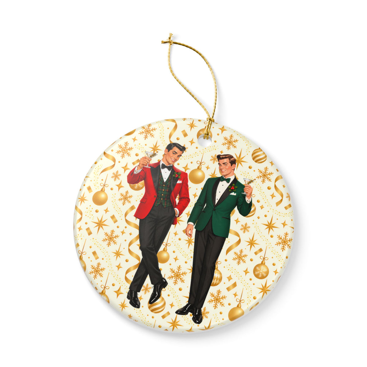 Mid Century Modern Christmas Martini Dapper Gay Male Couple Ceramic Christmas Tree Ornament