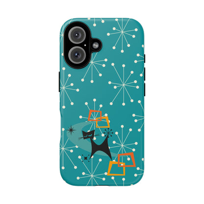 Atomic Space Cat, Starburst Blue, Retro Groovy Smart Phone Tough Phone Cases